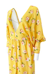 1970s Jean Varon Deep Front & Back Plunge Floral Print Yellow Crepe Dress