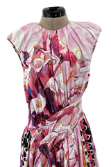 Prettiest Recent Prada Pink Flowerpot Postcard Print Cotton Dress w Asymetrical Hemline