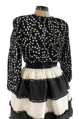Spring 1988 Bill Blass Sequin Bodice w Ribbon Rosettes Black & White Silk Organza Dress