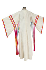Joyful 1960s Josefa Mexico Rainbow Ribbon on Ivory Cotton Caftan Dress w Zip Front