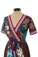1972 - 1975 Lanvin by Jules-Francois Crahay Purple Brown & Blue Printed Floral Dress
