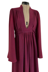 1970 Ossie Clark 'Graduation' Front Plunge Dress in a Burgundy Moss Crepe