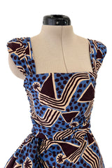 Resort 1983 Yves Saint Laurent Blue Printed Cotton Hip Swag Sarong Dress