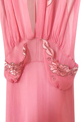 1930s Pink Silk Hand Applique Detailed Boudoir Negligee Lingerie Dress