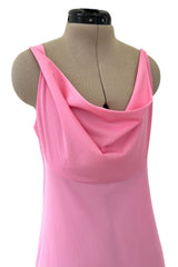 1970s John Kloss for Cira Pink Nylon Jersey Lingerie Dress w Draped Neckline