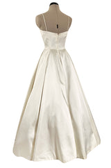 Gorgeous 1950s Emma Domb Ivory Matte Satin Dress w Sequin & 3D Flower Detailing