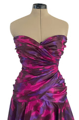 1980s Loris Azzaro Couture Strapless Deep Pink & Purple Printed Silk Mini Dress w Flare Skirt