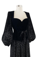 Fall 1986 Yves Saint Laurent Runway Black Patterned Velvet Dress w Sweetheart Neckline