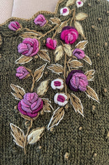 Prettiest 1980s Wolkenstricker Moss Green Colour Hand Knit Cardigan Sweater w Pink Floral Details
