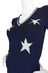 1970s Deep Navy Blue & White Star Print Adolfo Knit Dress