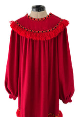 Runway Fall 1977 Yves Saint Laurent Red Wool Smock Dress w Fringe Yarn Detail