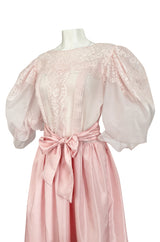 1980s Oscar de la Renta Pale Pink Taffeta, Lace & Chiffon Pouf Sleeve Dress