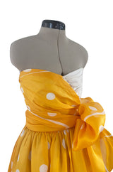 Spring 1985 Bill Blass Dotted Yellow & White Silk Organza Ad Campaign Strapless Dress