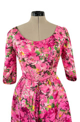 Gorgeous 1960s Jean Louis Pink w Green Floral Raised Silk Brocade Midi Dress