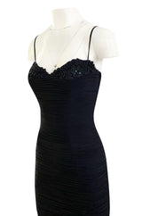 1980s Vicky Tiel Couture 'Kaimak' Gathered Black Net Fitted Dress w Beading Detailing