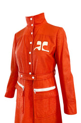 Iconic 1960s Andres Courreges Vivid Orange & White Vinyl Coat or Dress w Original Belt