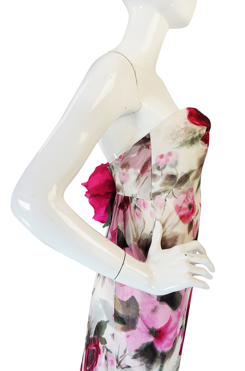 1950s Strapless Floral Silk Chiffon Helen Barbieri Dress