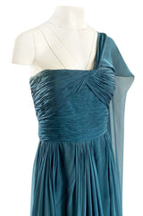 Early 1990s Oscar de la Renta Deep Teal Blue Silk Chiffon Custom Made Dress