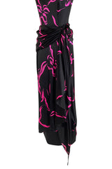 Fall 1985 Unlabeled Ady Couture for YSL Black Silk Hip Swag Dress w Pink Bow Print