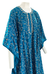 1970s Elaborately Embroidered Deep Turquoise Blue Silk Caftan Dress