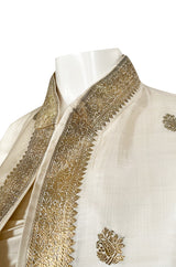 1960s Stavropoulos Gold Embroidered Ivory Silk One Shoulder Dress & Coat