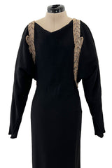 Fabulous 1930s Black Bias Cut Silk Crepe Dress w Unusual Rhinestone & Beaded Applique