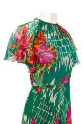 Documented 1973 Scott Barrie Pink & Green Floral Backless Silk Chiffon Dress