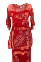 Fall 1979 Zandra Rhodes Book Piece 'Chinese Squares' Printed Red Silk Chiffon Dress