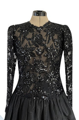1980s Ady Couture Lausanne Black Lace & Sequin Black Dress w Dropped Full Skirt