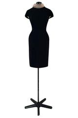 Early 2000s Moschino Cheap & Chic Black Stretch Crepe Dress w Removable Pearl Collar