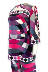 Iconic 1960s Emilio Pucci Pink Print Velvet Pant & Tunic/Dress Set