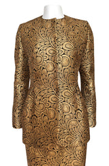 Fall 1991 Bill Blass Well Documented Gold Silk Brocade Jacket & Skirt Suit