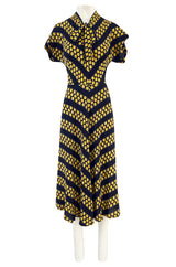 Gorgeous 1940s Yellow Dot & Deep Navy Black Chevron Print Silk Swing Dress