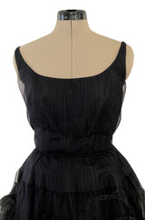 Fabulous Early 1960s Jean Louis Black Silk Chiffon Dress w Elaborate Feather Detailed Skirt