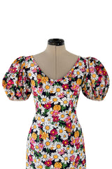 Iconic Spring 1992 Yves Saint Laurent Pink Floral Print Dress w Pouf Sleeves