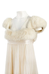 1964 Sarmi Ivory Knife Pleated Silk Chiffon Dress w Cream Mink Bodice & Silk Ribbon Detail