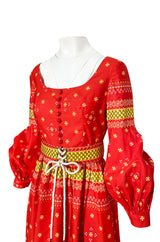 Spring 1971 Oscar de la Renta Red Printed Dress w Pouf Sleeves & Original Belt