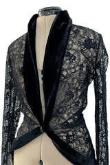 Beautiful Fall 2003 Christian Dior by John Galliano Black Lace Jacket Top w Velvet Trim