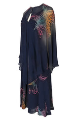 c.1977 Pauline Trigere Silk 'Fireworks' Print Halter Dress & Cape