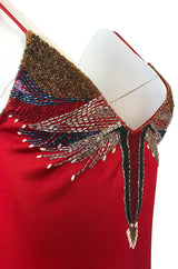 1970s Stephen Burrows Hand Beaded Red Jersey Halter Dress