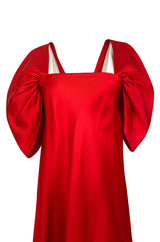 1979 Stavropoulos Deep Red Silk Full Length Dress w Pouf Sleeves