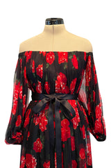 Documented Fall 1994 Yves Saint Laurent Silk Chiffon Off Shoulder Dress w Bold Red Rose Print