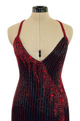 Cosmo Cover Documented Fall 1983 Bob Mackie Couture Red Glass Beaded & Silk Chiffon Halter Back Dress