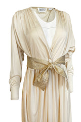 Documented 1980 Bill Tice Plunging Front Ivory Jersey & Gold Belt Dress