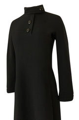 1960s Pierre Cardin Chic Sculpted Black Wool Button Detail Dress