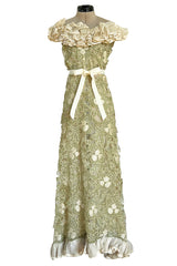 Early 1960s Carven Couture Pale Green Silk Organdy Embroidered Cut Out Dress