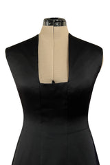 Minimalist 1960s Pauline Trigere Black Silk Satin Dress w Squared Off Neckline
