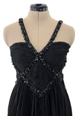 Incredible Spring 2003 Valentino Runway Black Silk Chiffon Dress w Black Beaded Detailing