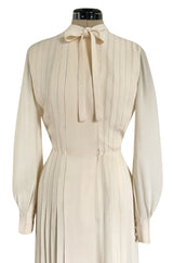 Spring 1976 Chanel Haute Couture Silk Ivory Dress w Hand Stitched Pleats