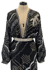 Sexy 1982 Fabrice Simon Black Densely Beaded Silk Chiffon Dress w Plunge Front